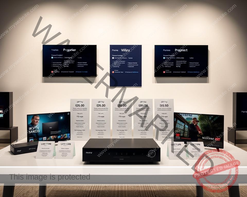 A beautifully lit studio shot showcasing various IPTV subscription plans. In the foreground, a sleek, modern table displays an array of digital devices, each representing different plan tiers. The middle ground features product information cards detailing the features and pricing of each plan, arranged in a clean, organized manner. The background is a minimalist, softly-lit setting with a subtle gradient, creating a sense of depth and professionalism. The overall composition conveys a high-quality, premium experience, perfectly suited to highlight the Xtreme HD IPTV UK subscription plans.