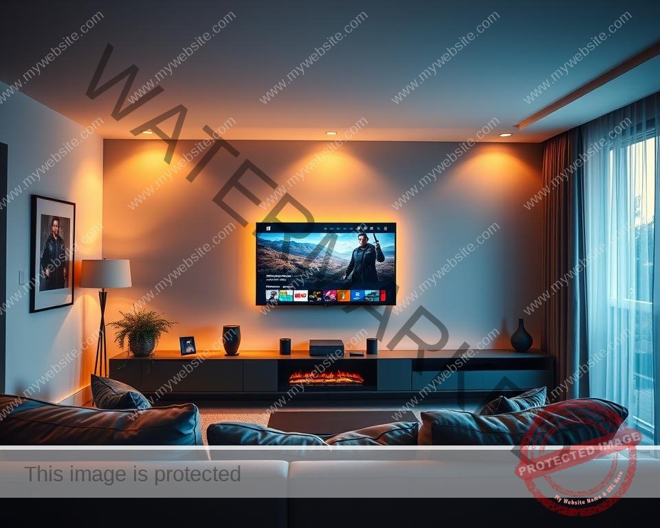 A breathtaking view of a modern living room, illuminated by soft, warm lighting that casts a cozy glow. In the foreground, a sleek, wall-mounted TV showcases vibrant, crystal-clear IPTV entertainment, with a variety of channels and on-demand content. In the middle ground, a comfortable sofa invites viewers to sit back and enjoy the immersive experience. The background features a minimalist, yet stylish decor, with clean lines and muted tones that create a serene and inviting atmosphere. The overall scene conveys the key benefits of IPTV in the United Kingdom - a seamless, high-quality entertainment experience that elevates the home viewing experience.