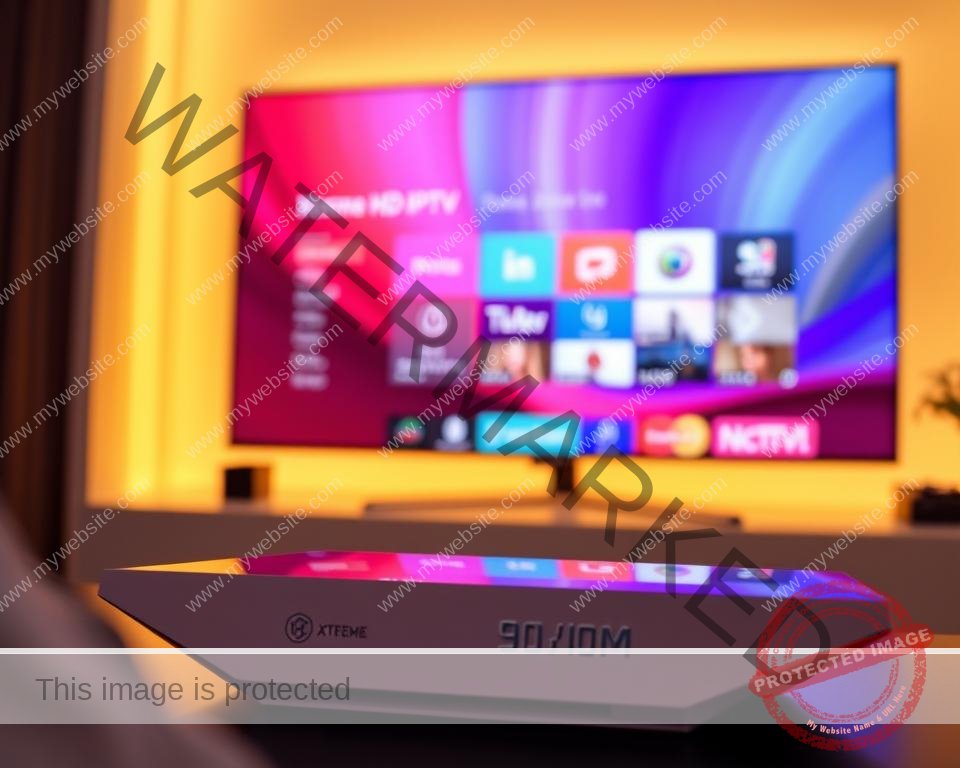 A bright, high-definition television screen showcases a sleek, modern interface with a vibrant color palette. The screen is surrounded by a minimalist, futuristic device with a clean, angular design. The device's user-friendly controls and intuitive navigation invite the viewer to experience the seamless integration of live television and on-demand streaming. The lighting is warm and inviting, creating a cozy atmosphere that enhances the immersive viewing experience. The overall composition conveys a sense of technological sophistication, highlighting the premium quality and cutting-edge features of the Xtreme HD IPTV UK 1-day test.