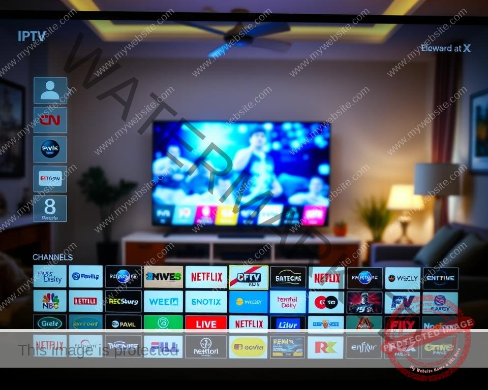 A bright, well-lit IPTV user interface with a grid-style channel selection menu. The foreground displays a range of channel logos, icons, and thumbnails, neatly arranged in rows and columns. The middle ground shows a large, high-definition TV screen displaying a vivid, immersive video feed, capturing the viewer's attention. The background features a subtle, out-of-focus living room setting, with tasteful decor and subtle lighting, creating a cozy, inviting atmosphere. The overall composition conveys a sense of modern, user-friendly technology seamlessly integrated into a comfortable home environment.