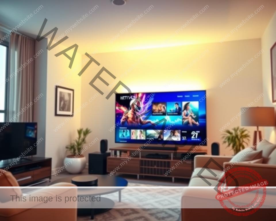 A brightly lit living room, filled with modern entertainment devices. In the center, a sleek smart TV displays a vibrant, high-definition IPTV stream, showcasing crystal-clear video and rich audio. The room's ambient lighting casts a warm, inviting glow, complementing the TV's vibrant display. The camera angle captures the TV from a slightly elevated perspective, emphasizing its central role in the scene. The room's decor is minimal and stylish, with clean lines and neutral tones, allowing the TV's performance to take center stage. An air of technological sophistication pervades the scene, hinting at the reliable, high-quality IPTV experience on offer.