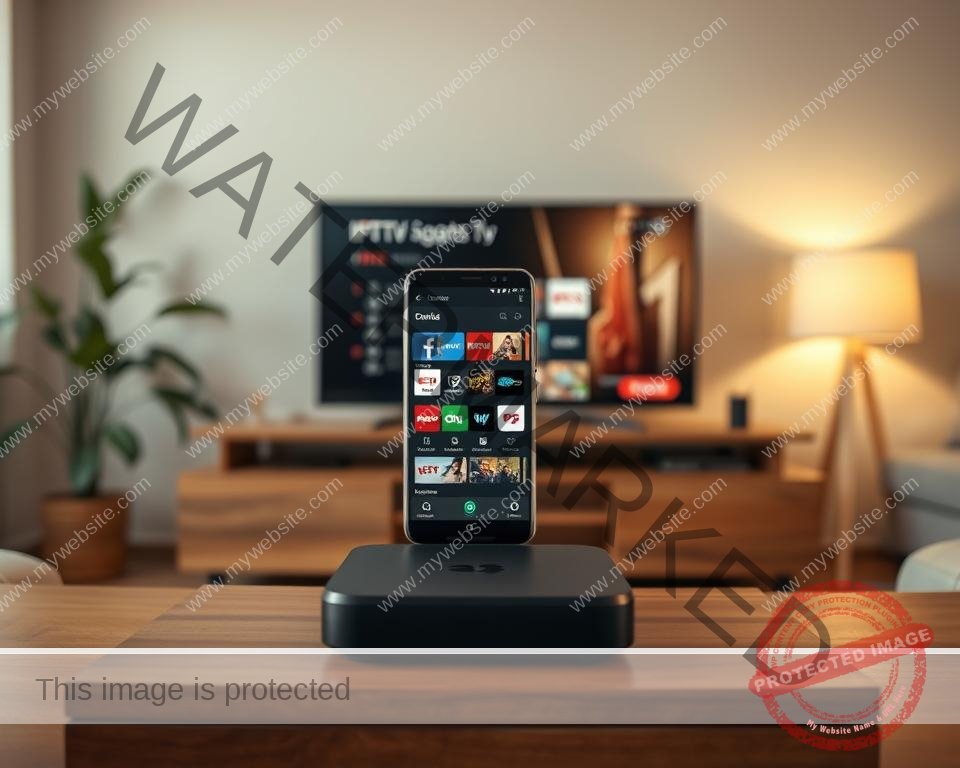 A budget-friendly IPTV service in a cozy, modern living room setting. In the foreground, a sleek Android TV box sits atop a minimalist wooden TV stand, its simple yet elegant design reflecting the affordable nature of the service. In the middle ground, a smartphone or tablet displays the IPTV service's user interface, showcasing its user-friendly navigation and extensive channel selection. The background features a warm, diffused lighting that creates a relaxed atmosphere, with subtle hints of greenery and natural textures to evoke a sense of comfort and affordability. The overall composition conveys the idea of an accessible, high-quality IPTV experience that fits within a tight budget.
