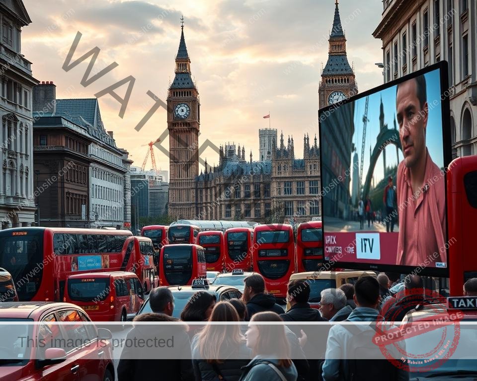 A bustling cityscape of London, with the iconic red double-decker buses and black cabs navigating the busy streets. In the foreground, a group of people gathered around a large screen, engrossed in the latest IPTV service offering. The soft, warm lighting casts a cozy glow, reflecting the growing popularity of these innovative entertainment platforms. In the background, a towering Big Ben and the Palace of Westminster stand as symbols of the United Kingdom's rich cultural heritage, juxtaposed with the modern digital landscape. The scene conveys a sense of progress and the integration of traditional and contemporary elements in the realm of UK IPTV services.
