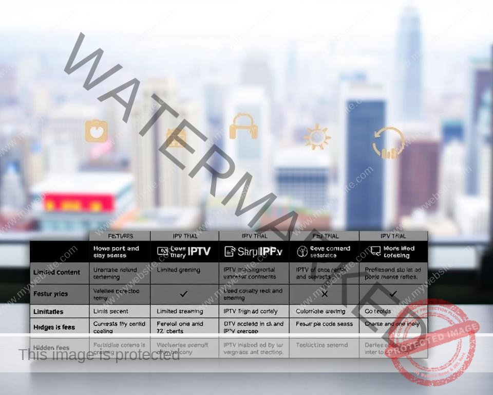 A comparative analysis of IPTV trial options, showcasing the potential cons to consider before subscribing. In the foreground, a table displaying the features and limitations of various IPTV trials, presented in a clean, minimalist style. The middle ground features icons and symbols representing the potential drawbacks, such as limited content, unreliable streaming, and hidden fees. The background is a soft, blurred cityscape, hinting at the broader context of the IPTV landscape. The overall mood is one of thoughtful evaluation, with a focus on informing the reader's decision-making process.