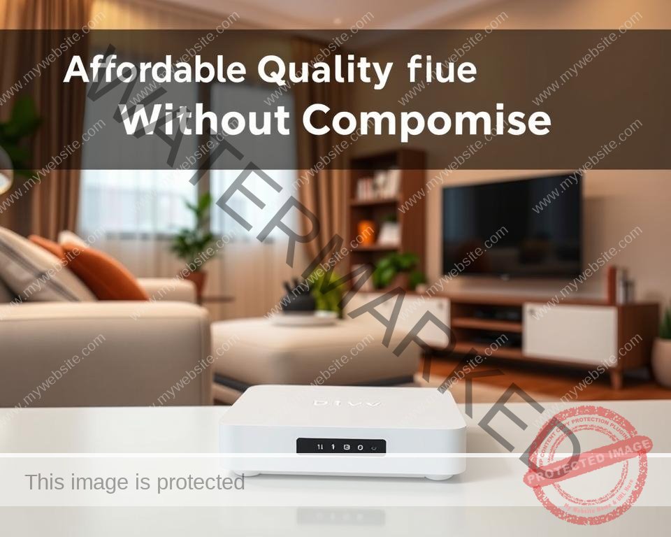 A cozy living room with a comfortable sofa, a sleek TV stand, and a modern IPTV device prominently displayed. The room is bathed in warm, soft lighting, creating a welcoming atmosphere. In the background, a bookshelf and a few potted plants add to the homely, inviting vibe. The IPTV device is showcased in the foreground, its minimalist design and premium appearance suggesting a high-quality, yet affordable, streaming service. The overall scene conveys a sense of relaxation and enjoyment, reflecting the "Affordable Quality Without Compromise" theme.