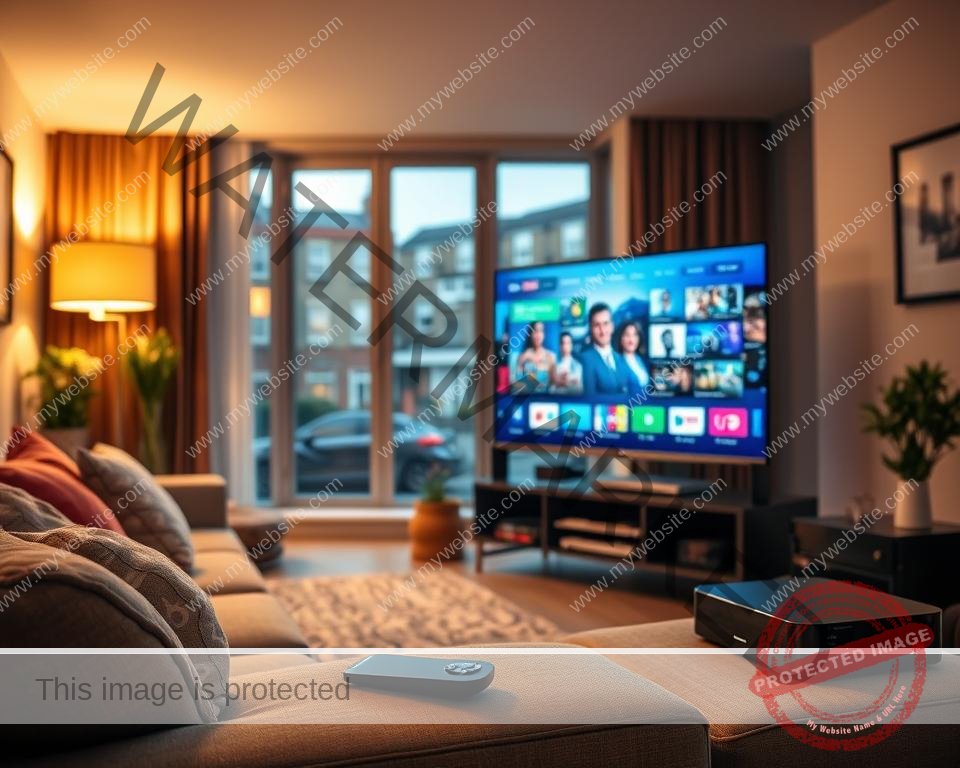 A cozy living room with a high-quality 4K IPTV setup. In the foreground, a modern LED TV displays crisp, vibrant visuals. Surrounding it, sleek media devices and a sophisticated remote control suggest a seamless, user-friendly experience. The middle ground features a comfortable, plush sofa inviting viewers to settle in. Warm, diffused lighting creates a relaxing ambiance, while large windows in the background offer a view of a bustling UK neighborhood, hinting at the convenience of IPTV for households.
