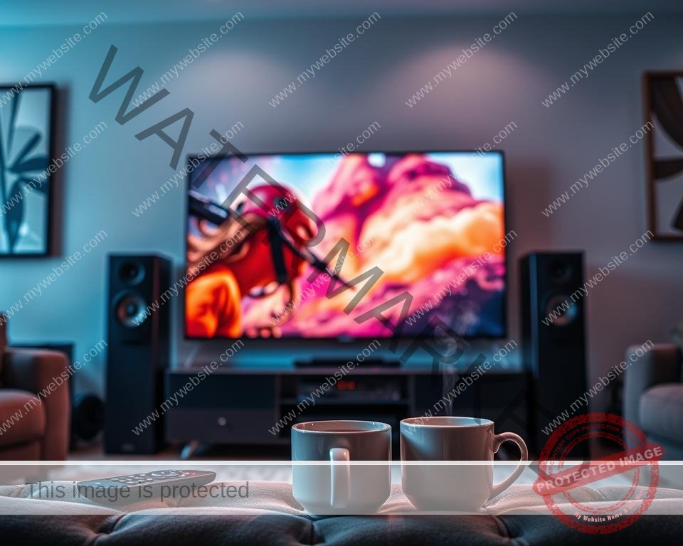 A cozy living room with a large flat-screen TV displaying vibrant, high-definition visuals. Soft, ambient lighting illuminates the scene, creating a comfortable and immersive atmosphere. The TV is flanked by sleek, modern audio equipment, hinting at the exceptional sound quality. In the foreground, a sophisticated remote control and a steaming mug of coffee suggest a leisurely, cinematic experience. The walls are adorned with abstract artwork, adding depth and character to the space. The overall composition conveys a sense of effortless, high-quality streaming, inviting the viewer to sink into the comfort of endless entertainment.