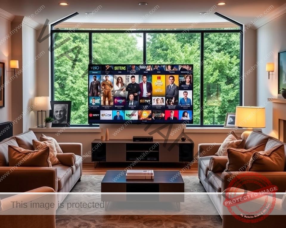 A cozy living room with a large flat-screen TV dominating the foreground, displaying a vibrant collection of popular UK television shows. Plush sofas and armchairs in neutral tones create a comfortable viewing space, while a sleek, modern entertainment system sits below the TV. Soft, warm lighting from lamps and sconces sets a relaxing mood, and a large window in the background offers a glimpse of a lush, green outdoor scene, hinting at the seamless integration of technology and nature. The overall atmosphere conveys the ease and convenience of accessing a wide variety of UK TV content from the comfort of one's own home.