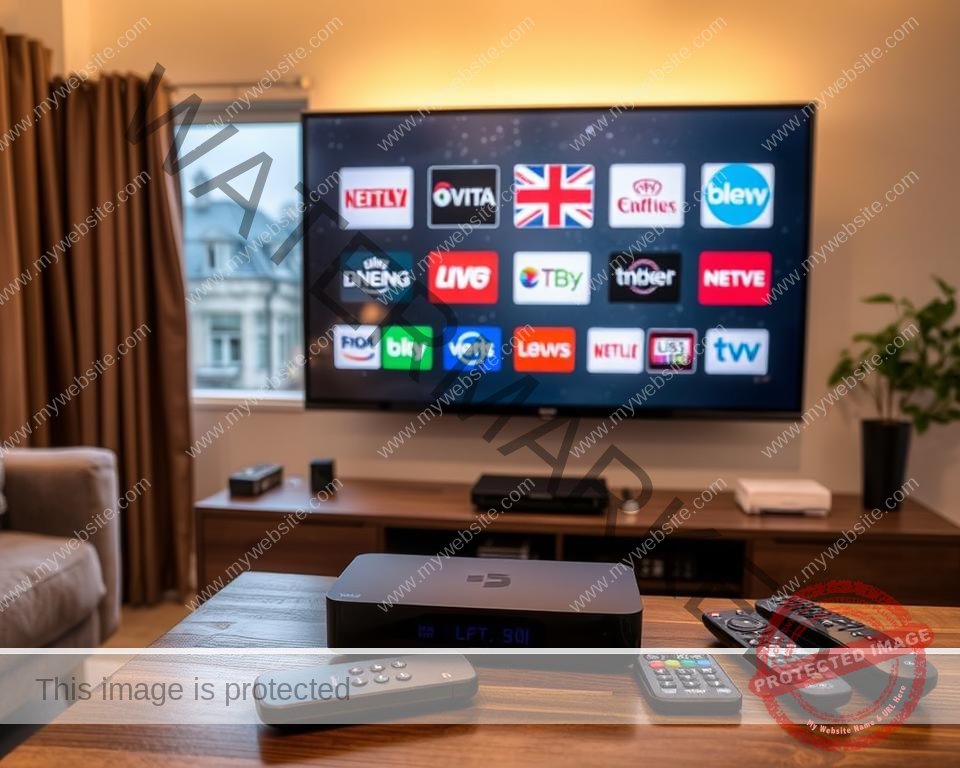 A cozy living room with a large flatscreen TV mounted on the wall, displaying various UK TV channel logos. In the foreground, a sleek streaming device rests on a wooden TV stand, surrounded by remote controls and a smartphone. The room is illuminated by warm, soft lighting, creating a inviting atmosphere. Through the window in the background, a rainy British cityscape is visible, emphasizing the ability to access UK channels from anywhere. The overall scene conveys the convenience and accessibility of streaming British TV content.