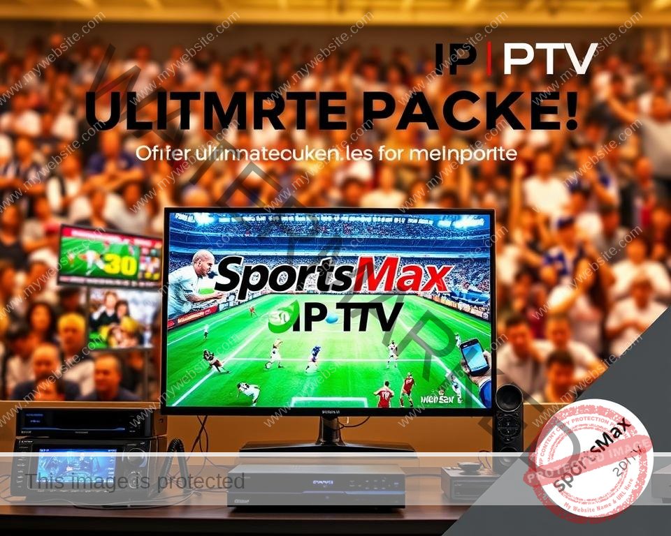 A crisp, vibrant display showcases the SportsMax IPTV brand, prominently featuring a dynamic sports broadcast in the foreground. The screen is surrounded by an array of sports icons, representing the diverse range of live events and on-demand content available. In the middle ground, sleek, modern equipment and devices suggest the technology that powers the seamless IPTV experience. The background features a blurred, energetic crowd, capturing the excitement and atmosphere of live sports coverage. The overall scene is illuminated by warm, natural lighting, creating a sense of depth and realism. The image conveys the ultimate package for sports enthusiasts, highlighting the comprehensive sports-focused offerings of SportsMax IPTV.