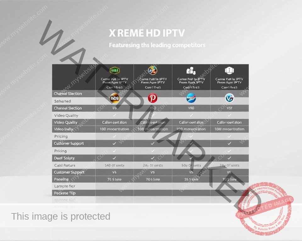 A detailed comparison chart showcasing the key features and offerings of Xtreme HD IPTV service and its leading competitors. The chart is presented on a sleek, minimalist backdrop, using a neutral color palette and clean typography to ensure maximum clarity and readability. The foreground features neatly organized data rows highlighting the comparative aspects, such as channel selection, video quality, pricing, and customer support. The middle ground displays subtle visual cues, such as IPTV service logos, to aid in identification. The background maintains a subtle, blurred gradient to maintain focus on the central chart. The overall aesthetic is professional, informative, and designed to effectively communicate the comparative strengths of the IPTV services to the reader.