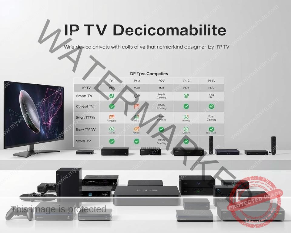 A detailed comparison of IPTV device compatibility, showcasing various streaming devices and set-top boxes. In the foreground, an array of devices including smart TVs, gaming consoles, and media players are neatly arranged, their logos and brand names clearly visible. In the middle ground, a grid-like layout highlights the compatibility of each device with the IPTV service, using intuitive icons and color-coding to indicate support. The background features a sleek, minimalist design with clean lines and a muted color palette, creating a professional and informative atmosphere. Soft, directional lighting emphasizes the technical details and enhances the overall visual clarity.