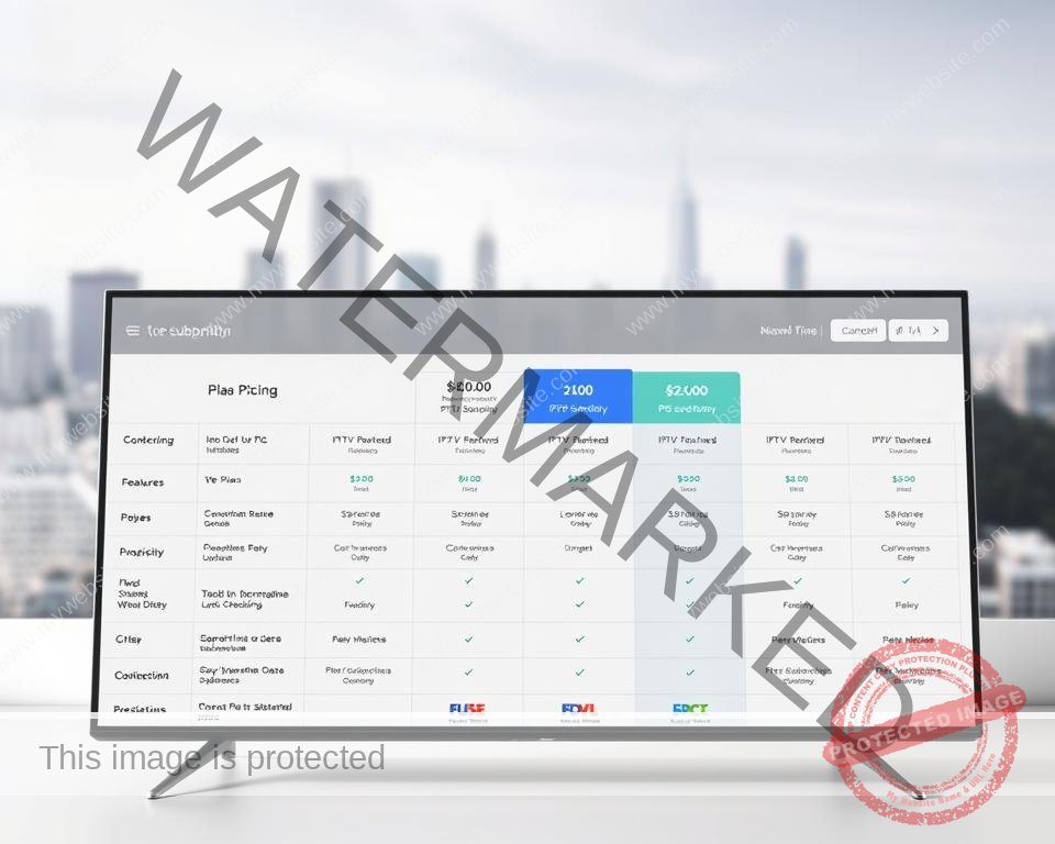 A detailed comparison of IPTV subscription plans displayed on a sleek, minimalist dashboard. In the foreground, a grid of plan options with clear pricing, features, and device compatibility details. The middle ground showcases a side-by-side comparison, highlighting key differences between plans. In the background, a subtle cityscape or abstract pattern creates a professional, technology-driven atmosphere. Crisp, high-resolution rendering with a balanced, neutral color palette and soft, directional lighting to accentuate the plan details. The overall composition conveys an informative, data-driven presentation suitable for an article on IPTV free trials and subscription plans.