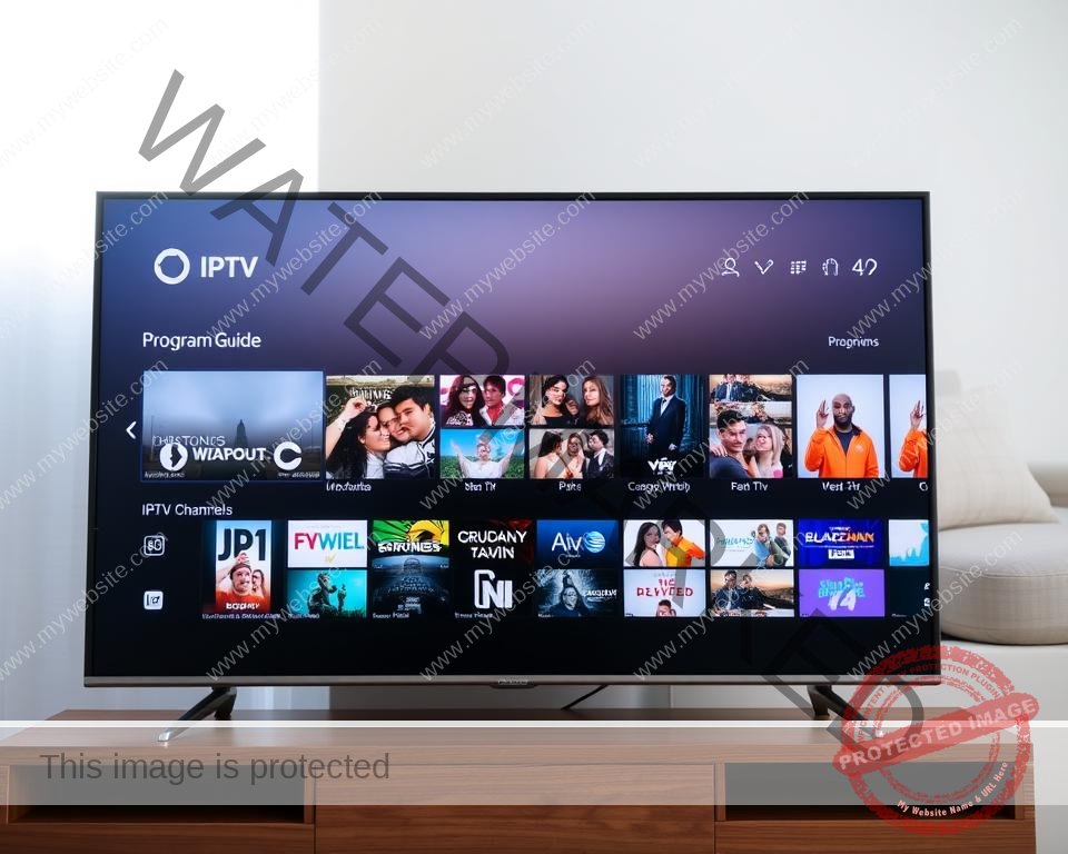 A detailed electronic program guide interface displayed on a high-definition television screen. The foreground features a clean, intuitive grid layout showcasing a selection of IPTV channel thumbnails, program titles, and air times. The middle ground incorporates sleek on-screen controls and category menus for easy navigation. The background depicts a subtle, abstract gradient in muted, calming hues that complement the modern, minimalist design. Bright, natural lighting from the television illuminates the scene, creating a crisp, inviting atmosphere. The overall composition conveys a sense of advanced functionality and user-friendly accessibility for the IPTV experience.