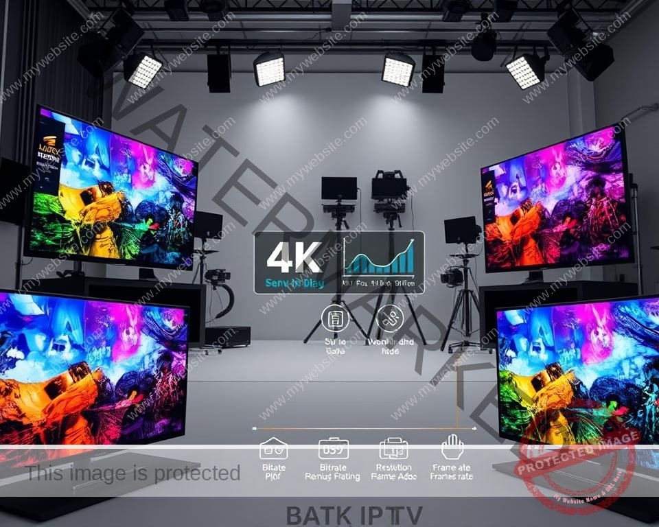 A detailed side-by-side comparison of high-quality IPTV streaming services, showcasing their distinctive video and audio quality. In the foreground, multiple 4K video screens displaying vibrant, crisp images with accurate colors and deep blacks. In the middle ground, a series of icons and graphs highlighting technical specifications like bitrate, resolution, and frame rate. In the background, a clean, minimalist studio setup with professional lighting and camera equipment, conveying a sense of authority and expertise. The overall mood is informative and visually compelling, inviting the viewer to assess the relative merits of the IPTV options.