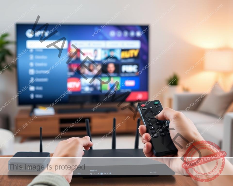 A detailed step-by-step guide for setting up an IPTV service. In the foreground, a person's hands holding a remote control and interacting with a modern smart TV interface, displaying IPTV menu options. In the middle ground, various streaming devices like a set-top box, HDMI dongle, and network router, all neatly arranged. The background features a cozy living room setting with comfortable furniture and soft, warm lighting, creating an inviting atmosphere for the IPTV setup process. The image should convey a sense of simplicity, user-friendliness, and the effortless integration of IPTV technology into the home entertainment system.