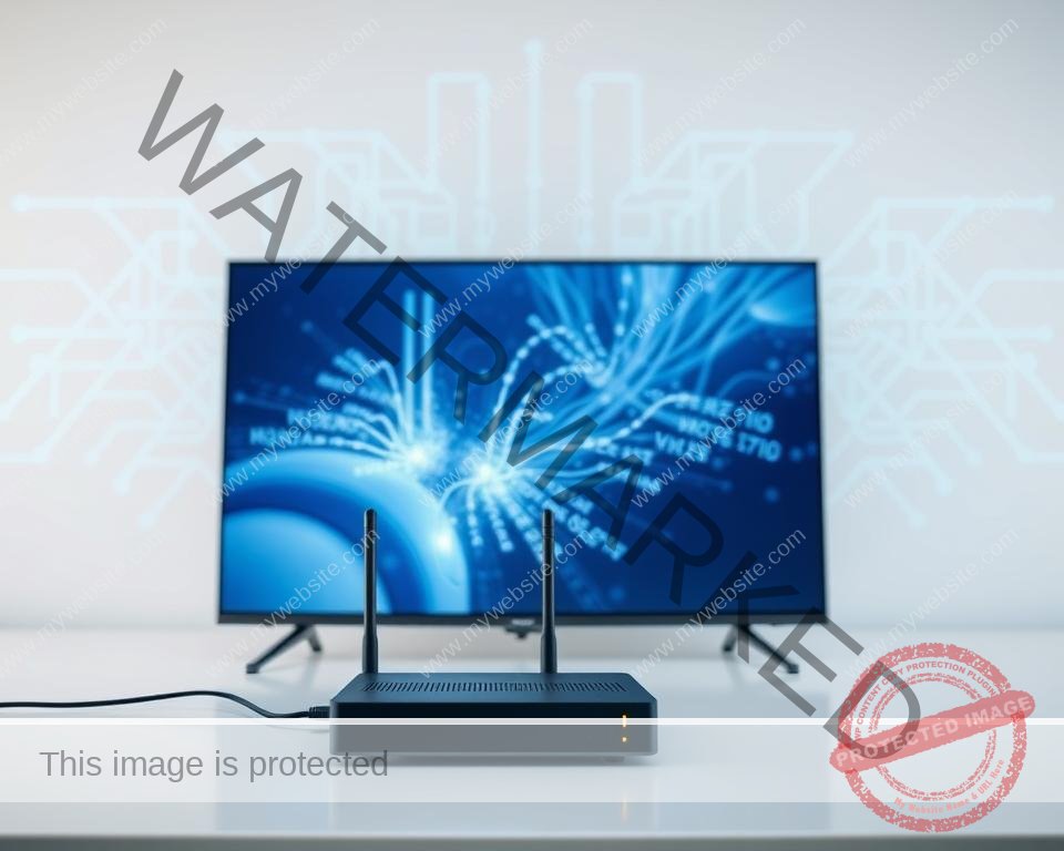 A detailed, technically accurate illustration of IPTV technology. In the foreground, a sleek, modern internet-connected smart TV displaying a crisp, high-definition video stream. In the middle ground, a network router, modem, and streaming device, all seamlessly integrated. In the background, a visualization of the internet infrastructure, with data packets flowing through cables and wireless signals. The lighting is clean and bright, emphasizing the high-tech, futuristic nature of the scene. The camera angle is slightly elevated, providing an expansive, comprehensive view of the IPTV system. The overall mood is one of technological sophistication and the promise of unlimited entertainment and information at the user's fingertips.