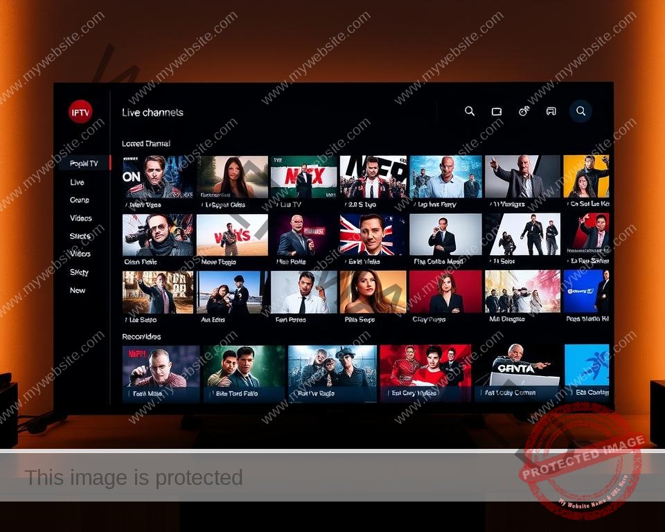 A digital interface for a UK IPTV provider, featuring a sleek and intuitive design with a dark color scheme. The main screen showcases a grid of popular live TV channels, with thumbnails and channel names displayed clearly. A sidebar menu allows easy navigation through different content categories, such as live TV, on-demand videos, and recordings. The interface is illuminated by warm, ambient lighting, creating a cozy and immersive viewing experience. The layout is well-organized, with clean lines and a minimalist aesthetic, allowing the user to focus on the content. The overall presentation conveys a sense of professionalism and reliability, reflecting the high-quality IPTV service offered.