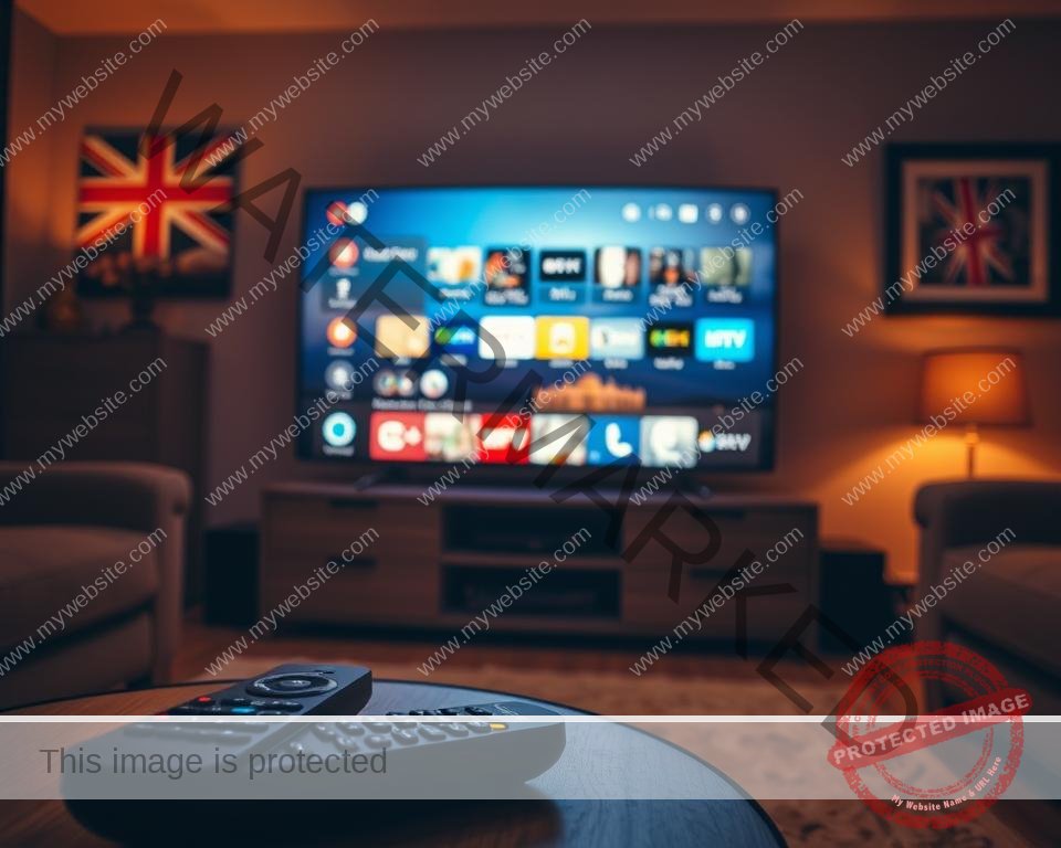 A dimly lit living room with a smart TV prominently displayed. The TV screen shows the IPTV interface, with various channel icons and options. In the foreground, a remote control is positioned on a side table, highlighting the interaction between the user and the IPTV system. The room is bathed in a warm, amber glow, creating a cozy and relaxed atmosphere. The background features subtle hints of the United Kingdom, such as a Union Jack flag or a framed landscape of a British landmark, to reinforce the context of the image. The overall composition emphasizes the legality and accessibility of IPTV services for UK Smart TV users.