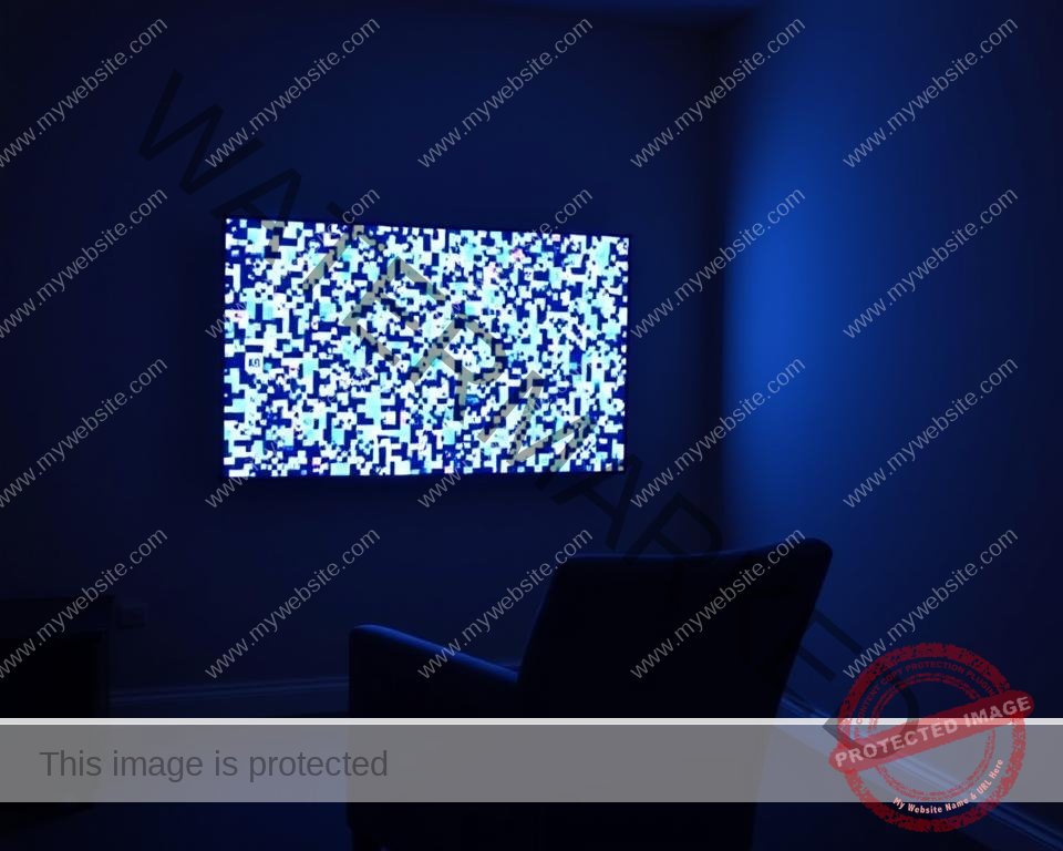A dimly-lit room, the glow of a television screen illuminating the space. On the screen, a digital mosaic of pixelated images, indicating poor IPTV streaming quality. The room is sparsely furnished, with a single armchair facing the TV. The walls are a neutral tone, creating a sense of simplicity and focus. The lighting is soft, creating a moody atmosphere. The camera angle is slightly elevated, capturing the scene from a slightly above eye-level perspective, emphasizing the prominence of the TV screen.