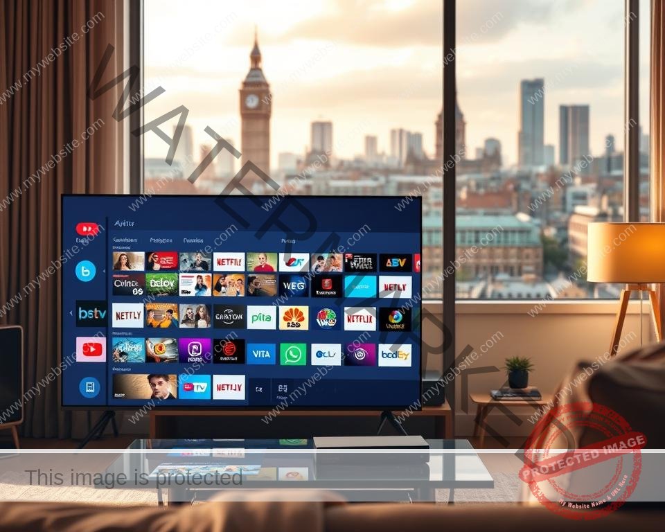 A dynamic comparison of IPTV content variety against traditional television services in the UK. In the foreground, a living room setup with a modern TV displaying a diverse array of streaming options. In the middle ground, icons representing various IPTV channels and on-demand content. In the background, a cityscape with buildings and landmarks symbolizing the traditional broadcast television infrastructure. The scene is lit by a warm, natural light, creating a cozy, inviting atmosphere. The composition emphasizes the contrast between the flexibility and content diversity of IPTV versus the more rigid, linear structure of traditional television.