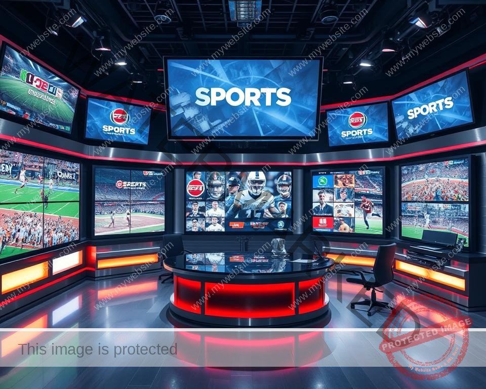 A dynamic sports broadcast studio with a wide array of screens showcasing various sports channels and logos. The scene is set in a sleek, modern environment with brushed metal accents and vibrant, saturated colors. The lighting is bright and directional, creating distinct shadows and highlights that emphasize the high-tech, professional atmosphere. The camera angle is slightly elevated, providing a comprehensive view of the setup. The screens display a diverse range of sports, reflecting the breadth of coverage available on these premium channels. The overall composition is balanced and visually striking, capturing the essence of a premier sports media hub.