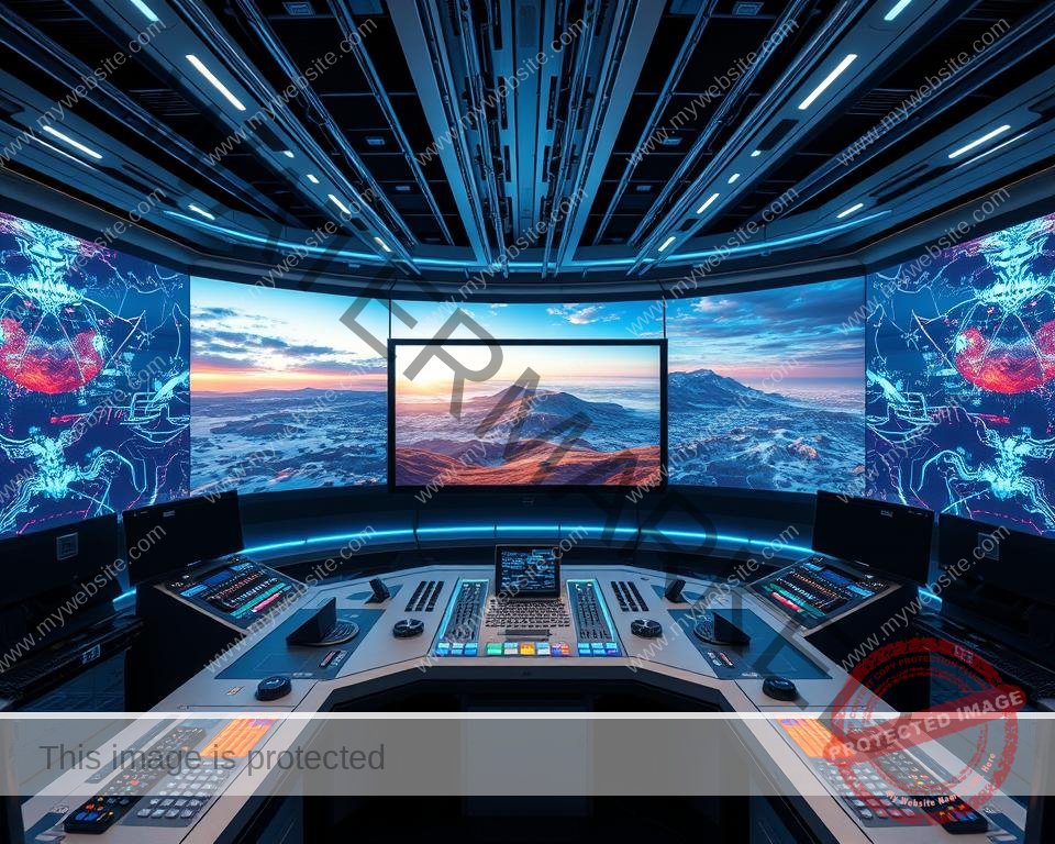 A futuristic high-tech control room, with a sprawling array of holographic displays showcasing a mesmerizing real-time IPTV feed. The center screen displays a stunning 8K HDR landscape, with vivid colors, crisp details, and buttery-smooth motion. Sleek silver and black consoles flank the display, adorned with a grid of dials, switches, and touchpads. Overhead, a network of fiber optic cables crisscross the ceiling, bathing the room in a cool blue glow. The atmosphere is one of cutting-edge technology, precision, and the pinnacle of digital entertainment.