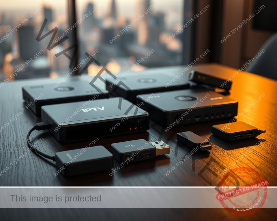 A group of IPTV set-top boxes and USB dongles lying on a dark wooden table, illuminated by warm, diffused lighting. The devices are arranged in a visually appealing layout, showcasing their various shapes, sizes, and connectivity options. In the background, a blurred cityscape or abstract geometric shapes create a minimalist, high-tech atmosphere, complementing the technical nature of the subject matter.