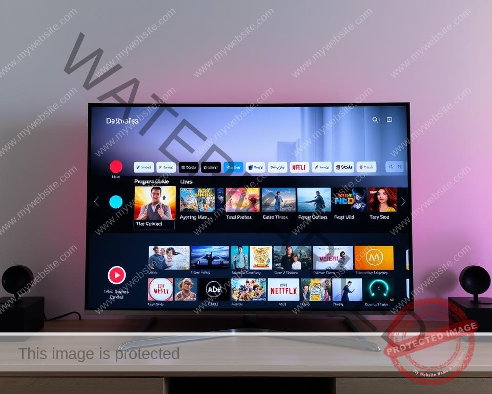 A high-definition IPTV interface with a sleek, modern design. The foreground features a clean, intuitive dashboard with crisp icons and vibrant colors, showcasing the user's personalized content selection. In the middle ground, a detailed program guide displays a wide range of live and on-demand channels, with seamless navigation and smooth transitions. The background encompasses a subtle, elegant gradient that creates a sense of depth and sophistication, complementing the overall interface. The lighting is natural and evenly distributed, highlighting the interface's clarity and responsiveness. The camera angle is slightly elevated, providing a comprehensive view of the user-friendly layout and the engaging multimedia experience.