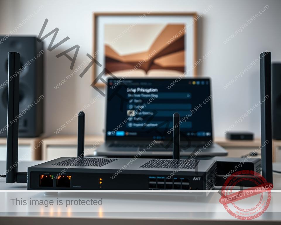 A high-definition streaming setup guide with a sleek, modern aesthetic. In the foreground, a high-end router and network switch sit on a minimalist desk, their LED indicators casting a soft glow. In the middle ground, a laptop and streaming device are positioned, their screens displaying setup instructions and configuration options. The background features a clean, minimalist wall with tasteful artwork, creating a serene and professional atmosphere. Soft, indirect lighting illuminates the scene, emphasizing the high-quality components and crisp, clear visuals. The overall composition conveys a sense of technological sophistication and ease of use, perfectly suited for guiding new users through the setup process.