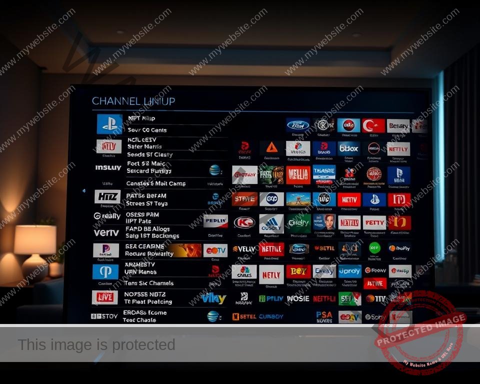 A high-definition, ultra-detailed channel lineup guide for Xtreme HD IPTV service. The foreground features a crisp, legible on-screen display showcasing a comprehensive list of channels organized by category, with clear icons and logos. The middle ground depicts a living room setting with a large flatscreen television, evoking a premium home entertainment experience. The background is a softly-lit, modern interior design with minimalist decor, creating a sleek and sophisticated atmosphere. Dramatic, cinematic lighting casts dramatic shadows and highlights the on-screen content. The overall mood is one of advanced technology, premium quality, and elevated digital entertainment.