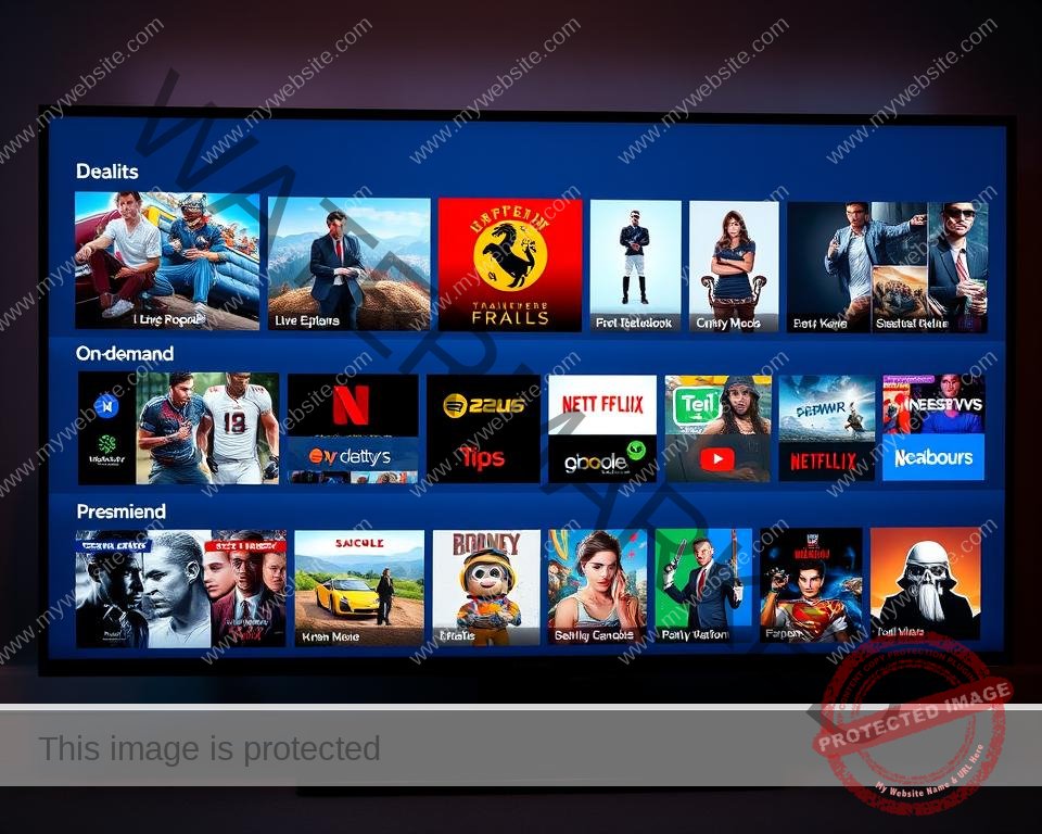 A high-definition, ultra-realistic rendering of a diverse array of television channels and content, captured within a modern and sleek user interface. The image showcases a vibrant, 4K-quality display featuring a curated selection of popular live TV channels, on-demand movies, sports events, and premium entertainment options. Crisp, color-rich visuals convey the exceptional picture quality and immersive viewing experience of the Xtreme HD UK IPTV service. Elegant typography and iconography complement the sophisticated, cutting-edge design, creating an aesthetic that exudes professionalism and technological sophistication. Soft, directional lighting casts a warm, inviting glow, heightening the sense of a premium, premium-grade streaming platform. Captured from a slightly elevated perspective to emphasize the clean, minimalist layout and ease of navigation.