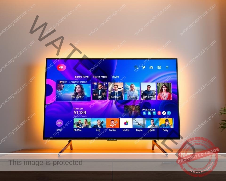 A high-quality 4K video display showcasing a vibrant and crisp IPTV service interface. The screen is set against a minimalist, softly-lit background, casting a warm glow on the display. The user interface features sharp, intuitive icons and menus, with a clean and visually appealing design. The video content itself is rendered in vivid, lifelike colors and detailed resolution, highlighting the superior picture quality of the IPTV service. The overall scene conveys a sense of premium, reliable entertainment at the user's fingertips.