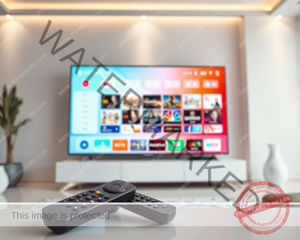 A high-quality IPTV service with a sleek user interface, showcasing a diverse range of live TV channels, on-demand content, and seamless streaming capabilities. The image should depict a modern, minimalist living room setup, with a large flat-screen TV prominently displayed, showcasing a vibrant, crystal-clear image. The foreground should feature a stylish remote control and a subscription package or service details, while the background should showcase a clean, contemporary design, with subtle lighting accents and a sense of depth and perspective. The overall mood should convey a premium, reliable, and user-friendly IPTV experience.