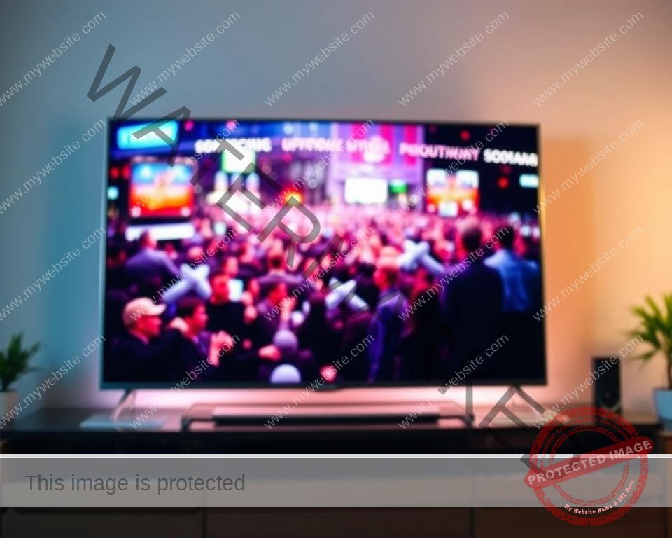 A high-quality IPTV streaming experience showcased on a sleek, modern smart TV screen. The screen displays a vibrant, crystal-clear image with rich colors and deep blacks, immersing the viewer in a cinematic viewing experience. The background is softly blurred, highlighting the central TV display and creating a sense of depth and focus. Subtle lighting from behind the TV casts a gentle glow, adding depth and atmosphere. The overall mood is one of technological sophistication and premium entertainment, reflecting the "Streaming Quality and Performance Benchmarks" section of the article.