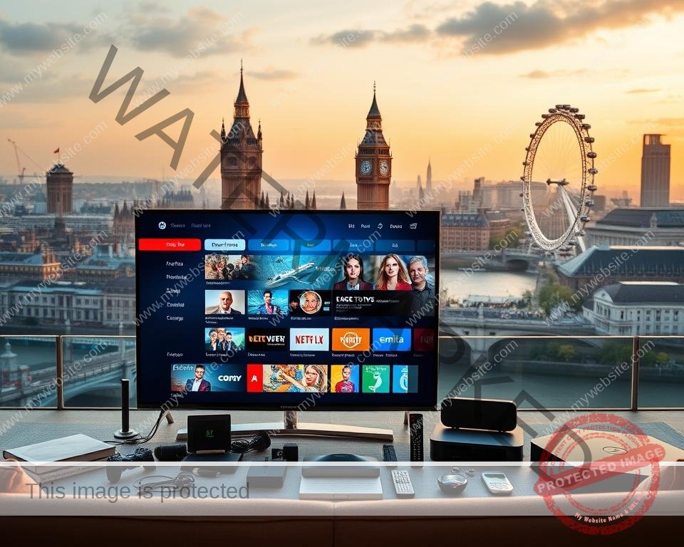 A high-quality IPTV streaming service in the UK, showcased against a backdrop of the iconic British skyline. The foreground features a sleek, modern smart TV displaying a vibrant, crystal-clear IPTV interface with a wide selection of live TV channels and on-demand content. The middle ground includes various smart devices, remote controls, and accessories associated with IPTV, all expertly arranged to convey the convenience and versatility of the service. The background depicts a panoramic view of the London cityscape, with landmarks like the Big Ben clock tower and the London Eye Ferris wheel, bathed in a warm, golden hour lighting that creates a sense of prestige and sophistication. The overall composition highlights the best-in-class IPTV experience tailored for the UK market.