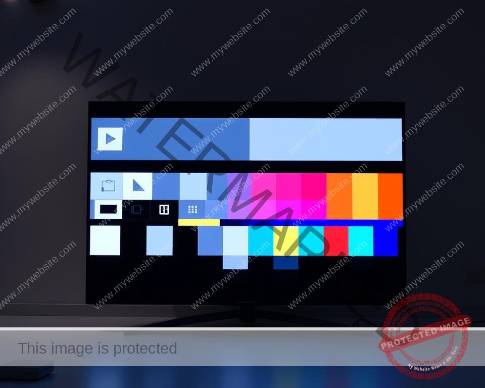 A high-quality IPTV test pattern displayed on a professional-grade 4K television screen. The test pattern features a series of geometric shapes, grayscale gradients, and color bars, all rendered in vivid, accurate hues. The screen is placed in a dimly lit, minimalist studio setting, with soft, even lighting illuminating the display. The camera angle captures the test pattern at a slight diagonal, creating a sense of depth and emphasizing the screen's size and quality. The overall mood is one of technical precision and visual clarity, showcasing the capabilities of the IPTV system under evaluation.