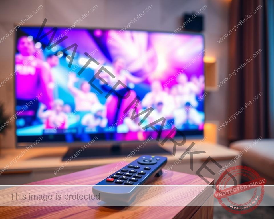 A high-quality UK IPTV streaming setup displayed on a sleek, modern TV screen. The image showcases a vibrant, crystal-clear video feed with rich colors and sharp details, reflecting the exceptional video quality. In the foreground, a sophisticated remote control with intuitive controls sits on a minimalist, wood-grain media console. The background features a cozy living room ambiance, with warm lighting and a stylish, contemporary decor that complements the premium IPTV experience. The overall scene conveys a sense of comfort, convenience, and technological sophistication for the discerning UK viewer.