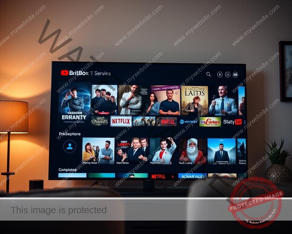 A high-quality, cinematic image of a modern IPTV service interface showcasing a selection of premium British TV content from BritBox. The interface features a sleek, dark user interface with vibrant, colorful thumbnails and icons highlighting various TV shows, movies, and other media from the BritBox catalog. The scene is lit by a warm, soft light, creating a cozy, immersive atmosphere. The camera angle is slightly elevated, providing a clear, unobstructed view of the interface. The overall composition is balanced and visually appealing, effectively conveying the idea of a premium, content-focused IPTV service catering to UK viewers.