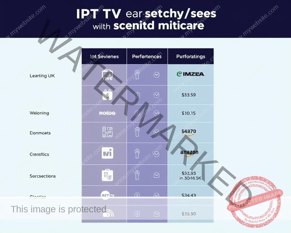 A high-quality comparison of IPTV services in the UK, showcasing the key features and performance metrics of leading providers. Captured in a sleek, modern style with a clean, minimalist layout. The image should feature a dynamic arrangement of relevant icons, data visualizations, and service logos, highlighting the objective, data-driven nature of the comparison. The color palette should convey a sense of professionalism and authority, with a subtle gradient or textural background to add depth and visual interest. Optimal lighting and camera angle to create a sense of depth and balance, drawing the viewer's attention to the key information presented.