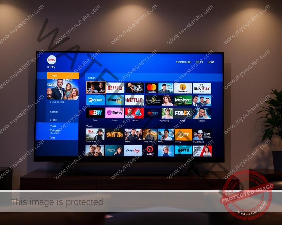 A high-quality, detailed IPTV channel lineup displayed on a sleek, modern TV screen. The screen is positioned in a well-lit living room setting, with soft, directional lighting creating depth and highlighting the on-screen content. The channel lineup is presented in a clean, organized grid layout, showcasing a wide variety of entertainment options across different genres and categories. The overall scene conveys a sense of focus, clarity, and an effortless, premium streaming experience.