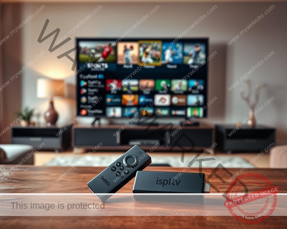 A high-quality, detailed image of a Firestick device displaying a variety of sports-focused IPTV channels. The Firestick is placed on a wooden surface in the foreground, casting a soft shadow. The middle ground features a sleek, modern living room setup with a large flat-screen TV and minimal decor. The background showcases a warm, cozy atmosphere with soft lighting and muted colors, creating a comfortable, inviting environment. The overall scene conveys the idea of a sports enthusiast enjoying a wide range of live sports content on their Firestick-powered IPTV service.