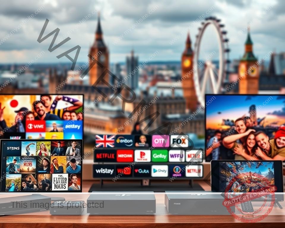 A high-quality, detailed image of various IPTV service options available in the UK. In the foreground, showcase a variety of streaming devices such as smart TVs, set-top boxes, and mobile devices, all displaying vibrant and diverse content. In the middle ground, depict a range of IPTV service logos and branding, highlighting the broad selection of providers. In the background, include a cityscape of the UK, with iconic landmarks like Big Ben and the London Eye, to establish the geographic context. Illuminate the scene with warm, natural lighting and a slightly cinematic depth of field to create a polished, professional appearance.