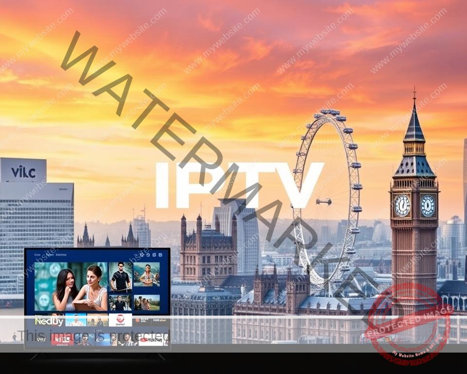 A high-quality, high-definition image of a modern, professional-looking IPTV service provider in the UK. The foreground features a clean, minimalist user interface showcasing the wide range of live TV channels and on-demand content available, with sleek icons and a simple color scheme. The middle ground displays a large, prominent logo or brand name, conveying the company's reliability and credibility. The background depicts a cityscape of London's iconic landmarks, such as the Big Ben and the London Eye, under a vibrant, warm-toned sky with subtle lens flare effects, creating an aspirational, metropolitan atmosphere. The overall composition should be well-balanced, visually appealing, and effectively communicate the comprehensive service offering of a top IPTV provider in the UK.