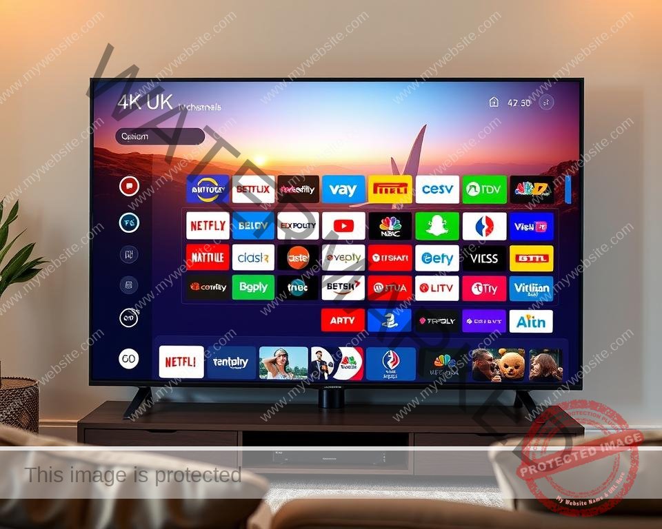 A high-quality modern IPTV service interface on a 4K UHD smart TV, showcasing a wide array of international channels from the UK. The screen displays a visually appealing grid layout with crisp, vibrant channel logos, accompanied by streamlined menus and intuitive controls. The living room setting is well-lit with warm, natural lighting, creating a cozy and immersive viewing experience. The image conveys a sense of technological sophistication and global connectivity, reflecting the comprehensive nature of the IPTV service.