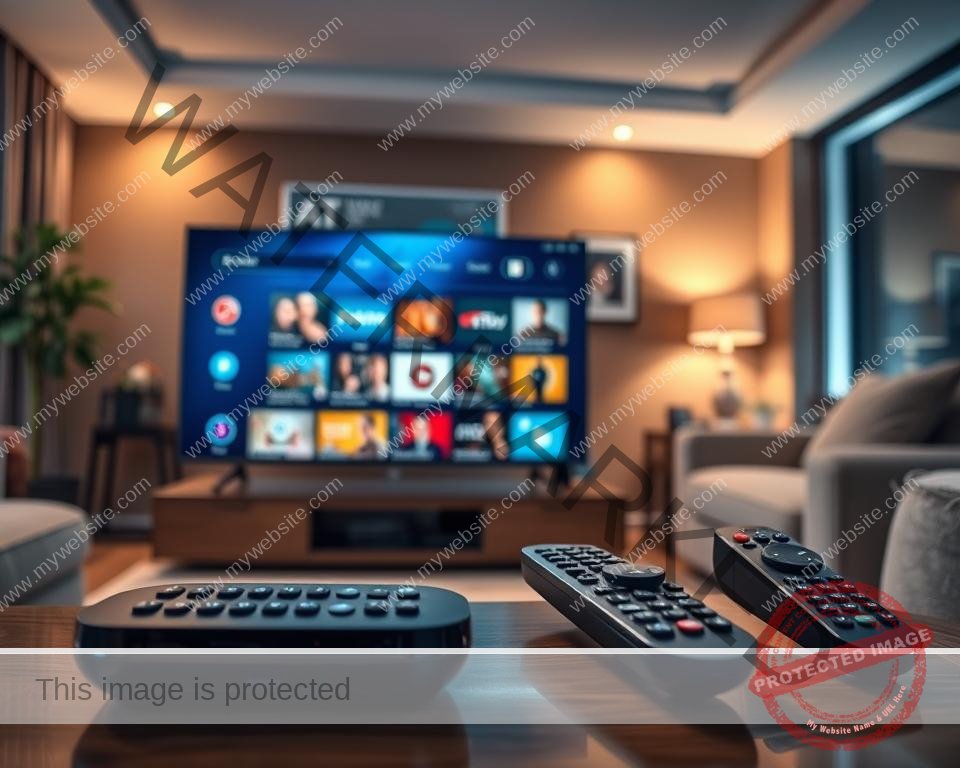 A high-quality, photorealistic image of an IPTV service in the UK. In the foreground, a sleek, modern smart TV or streaming device prominently displays the IPTV service's user interface, showcasing its intuitive navigation and rich content library. The middle ground features various remote controls, highlighting the ease of access and control. In the background, a cozy living room setting with plush furniture and ambient lighting creates a comfortable, inviting atmosphere for enjoying the IPTV experience. The image conveys the reliability, versatility, and user-friendliness of the IPTV service, reflecting the "Key Features of Our IPTV Service" section of the article.