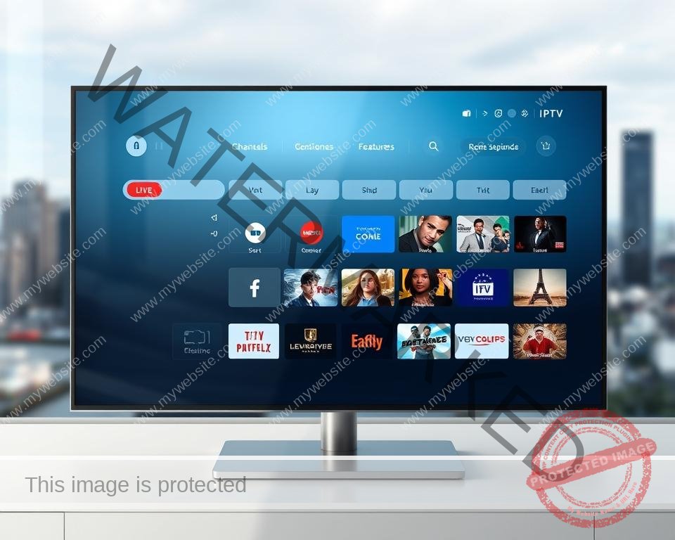 A high-quality rendering of a modern, sleek IPTV service interface, showcasing its user-friendly design and feature-rich capabilities. The screen displays a clean, minimalist dashboard with intuitive navigation menus, highlighting the seamless integration of live TV channels, on-demand content, and personalized recommendations. The interface exudes a sense of premium quality, with a sophisticated color palette of blues, grays, and subtle highlights that convey the service's high-performance and reliability. The background features a blurred cityscape, hinting at the global reach and advanced infrastructure powering the IPTV platform. The overall scene reflects the Falcon IPTV service's commitment to providing a best-in-class streaming experience for users in the UK.