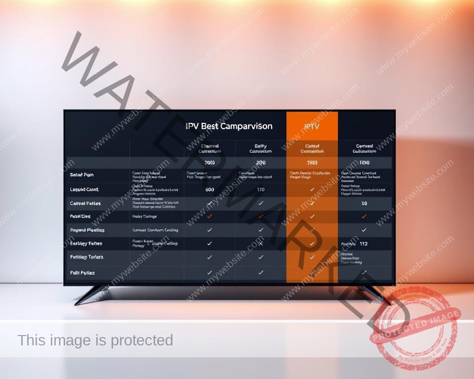 A high-quality, stylish comparison table showcasing the best IPTV subscription plans in the UK. The table is set against a sleek, modern background, with a clean, minimalist design. The plan details are presented in a clear, organized manner, with relevant information such as channel count, price, and features. The table is illuminated by warm, directional lighting, creating a premium, high-end look. The overall composition conveys a sense of professionalism and attention to detail, reflecting the article's focus on elevating the TV experience with premium IPTV options.