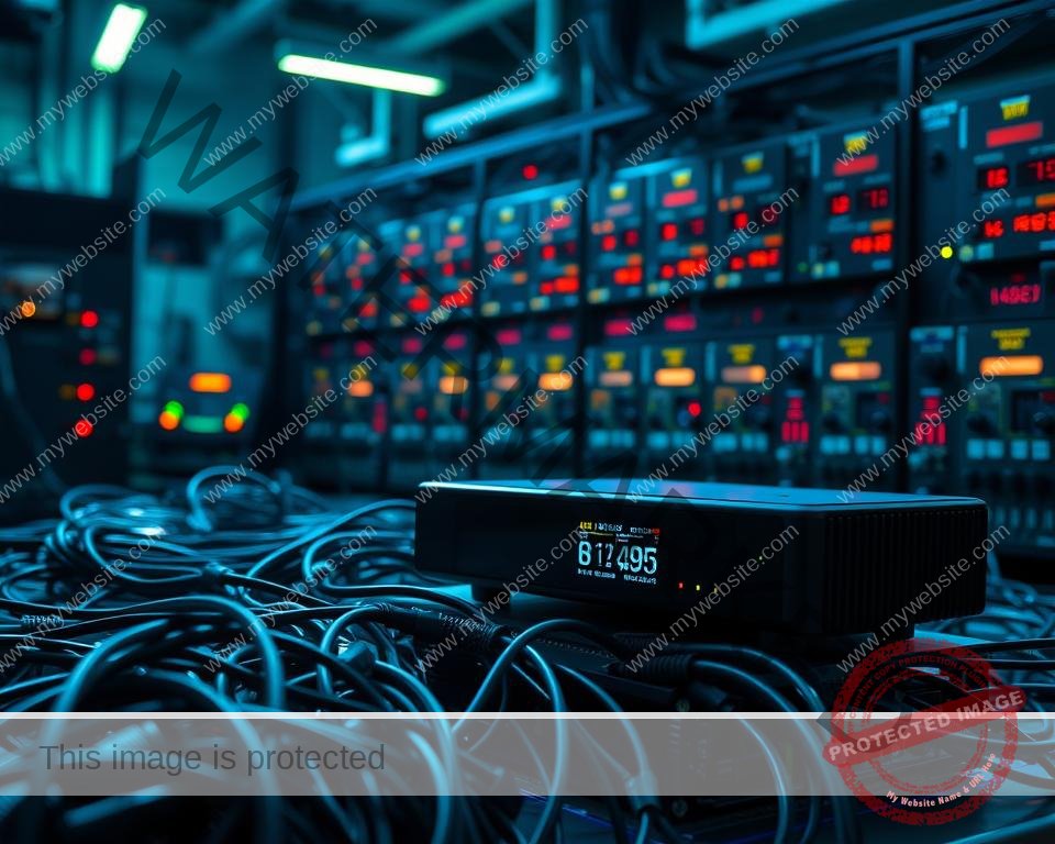 A high-tech IPTV test line against a dimly lit, industrial backdrop. In the foreground, a cluster of cables, connectors, and monitoring equipment meticulously arranged, conveying a sense of technical complexity. The middle ground features a sleek, modern IPTV set-top box, its display showcasing real-time signal diagnostics. In the background, a wall of blinking indicator lights and digital readouts, creating an atmosphere of technical precision. Subtle blue and green hues illuminate the scene, evoking the digital nature of IPTV technology. The lighting is directional, casting dramatic shadows and highlights to emphasize the technical aspects. The camera angle is slightly elevated, providing an overview of the setup, emphasizing the organized, systematic nature of the IPTV test line.