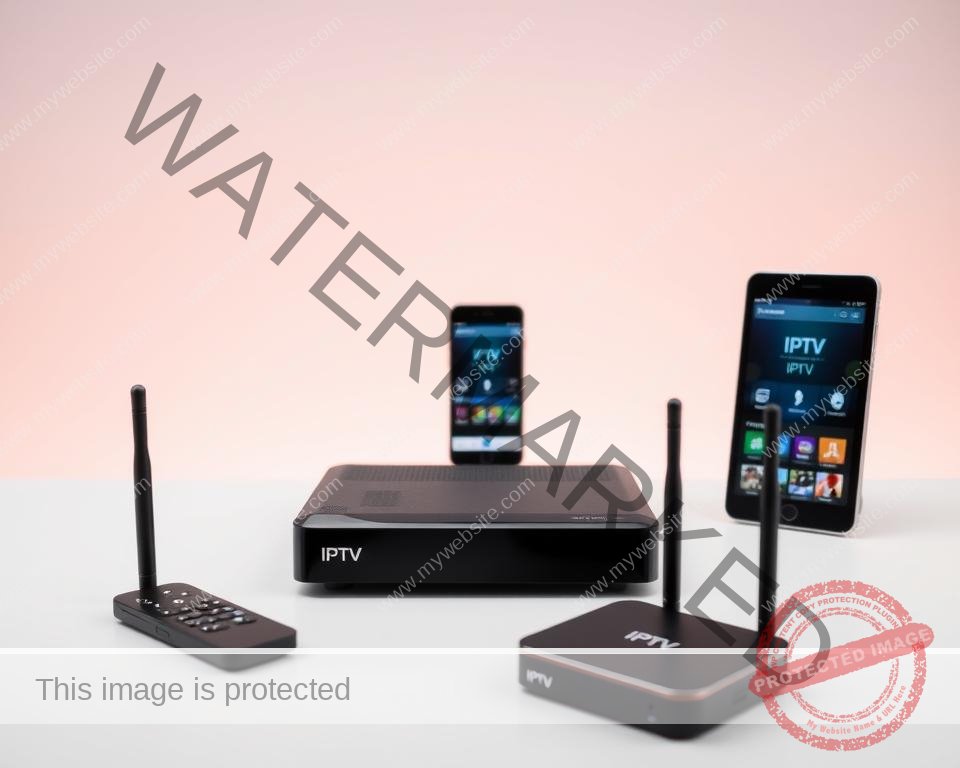 A high-tech array of IPTV streaming devices, arranged in a modern, minimalist setting. In the foreground, a sleek black set-top box and a compact wireless receiver sit atop a clean, white surface, their sharp angles and glossy finishes catching the soft, directional lighting from above. In the middle ground, a smartphone and a tablet display IPTV interface screens, showcasing the seamless connectivity and user experience. The background is filled with a subtle, gradient-based backdrop, creating a sense of depth and emphasizing the technological prowess of the devices.